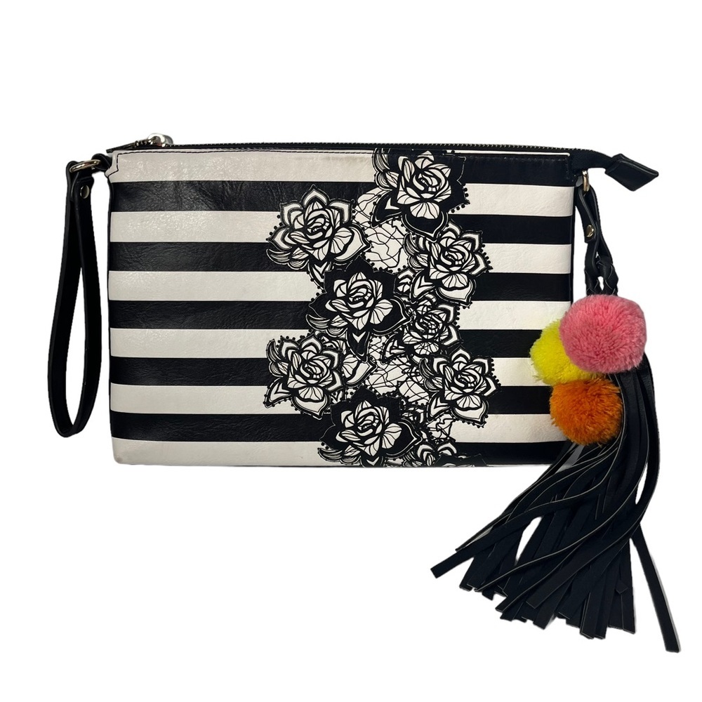 Like Dreams Floral Striped Wristlet Purse Pouch Fringe Pom Pom Black White